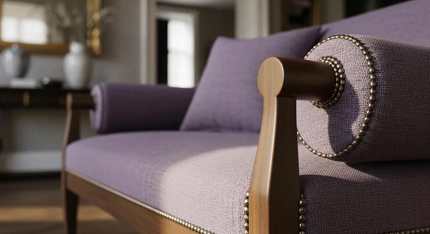 Marble console table and gilded mirror in a lilac classic luxury entryway design
