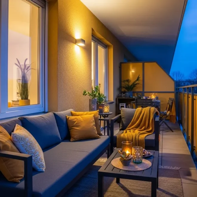 Elegant outdoor balcony featuring mustard yellow seating and classic luxury iron railings