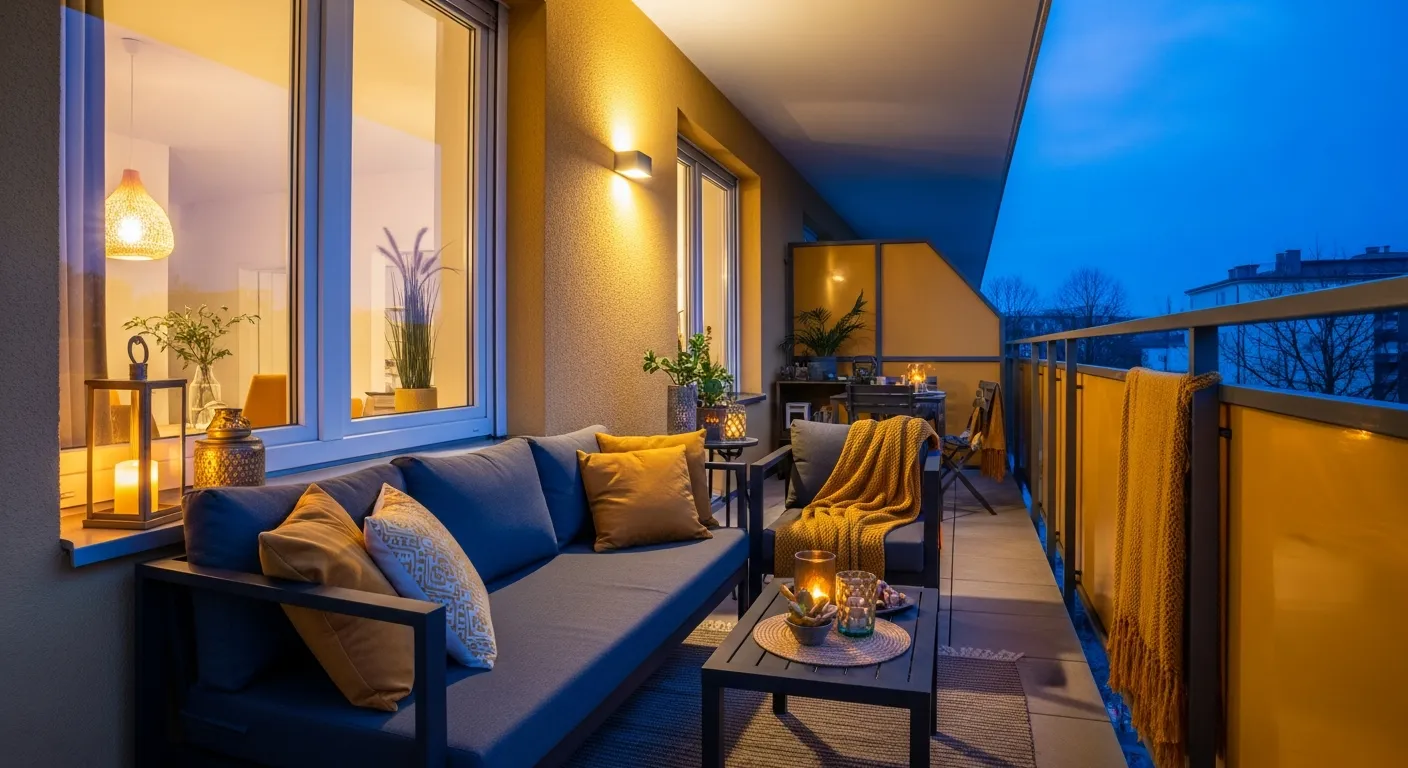 Classic Luxury Outdoor Balcony ideas featuring mustard yellow seating and classic luxury iron railings