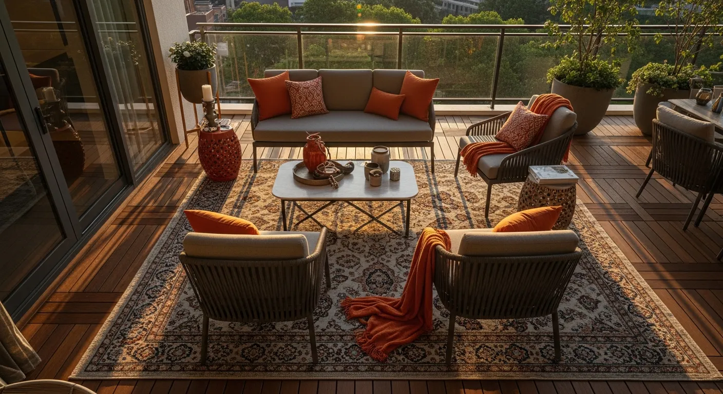 Classic Luxury Outdoor Balcony ideas with plush seating and ornate railings