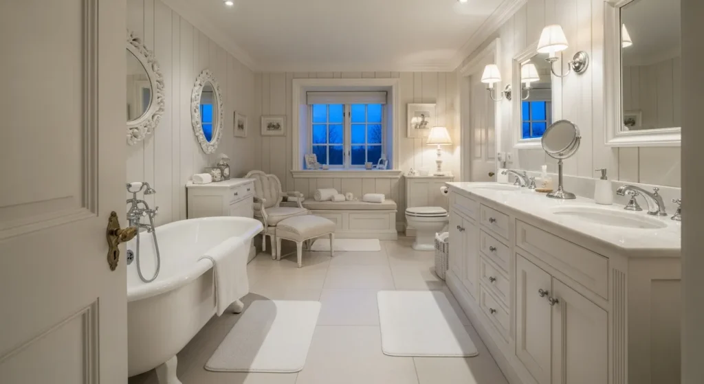 Elegant white luxury bathroom featuring marble countertops and classic lighting fixtures