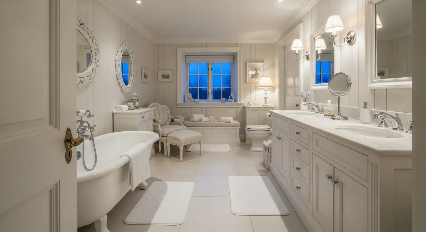 Classic Luxury Bathroom ideas featuring pristine white marble vanity and elegant wall sconces