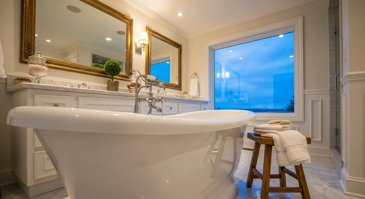 Master suite implementing classic luxury bathroom ideas with sophisticated molding