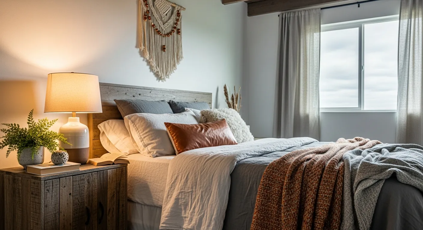 Styling tips for farmhouse bedroom ideas using textiles and copper accents