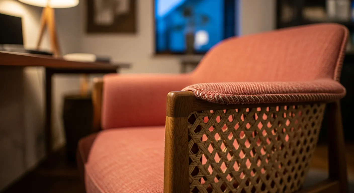 Essential furniture for Japandi Home Office ideas featuring a light oak desk and ergonomic chair with coral touches
