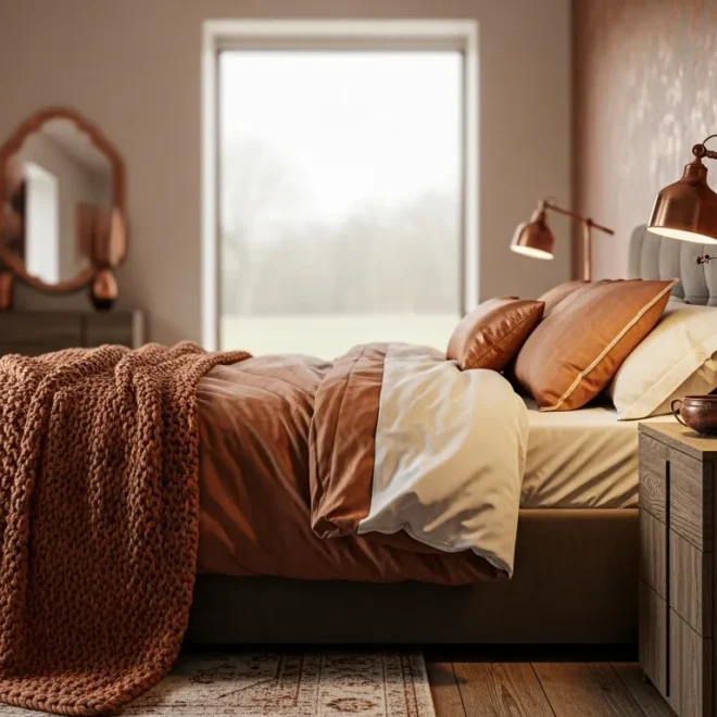Rustic farmhouse bedroom featuring a vintage copper bed frame and warm metallic accents