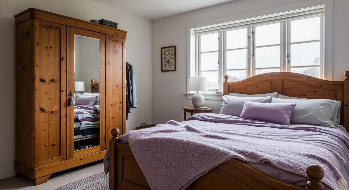 Detail shot of distressed wood textures and purple linens in a farmhouse bedroom