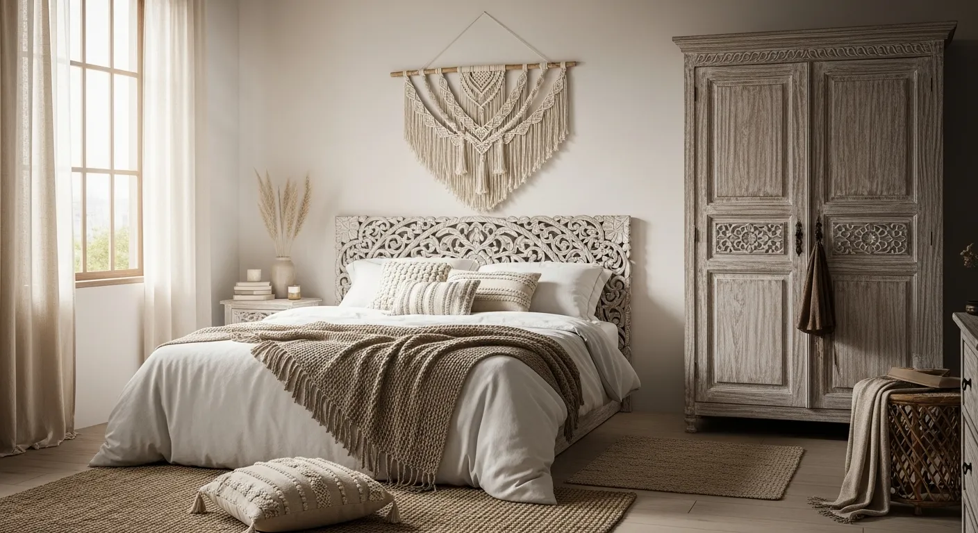 Relaxing bohemian bedroom ideas with soft lighting and neutral tones