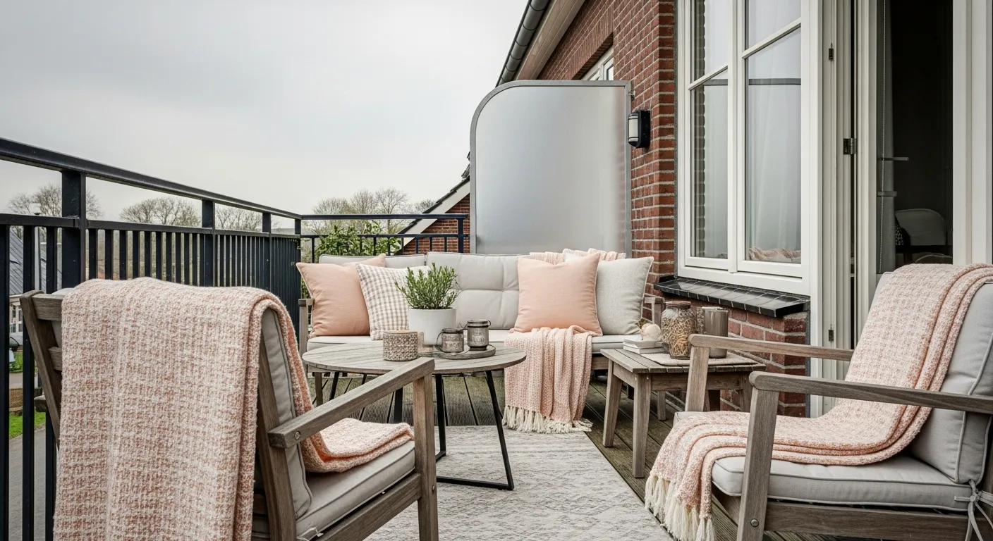 Cozy serene farmhouse outdoor balcony ideas with peach textiles