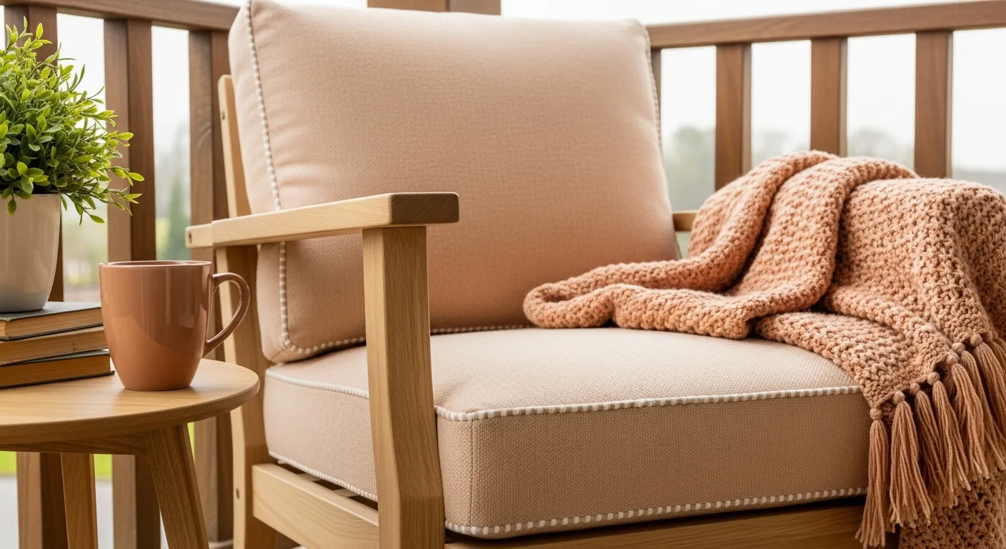 Rustic furniture selection for farmhouse outdoor balcony ideas with peach cushions