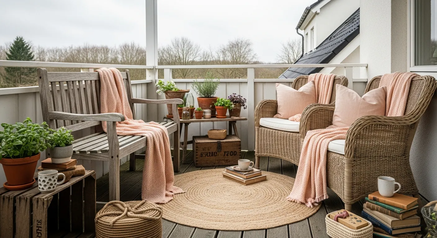 Styling farmhouse outdoor balcony ideas with peach accents and rustic decor
