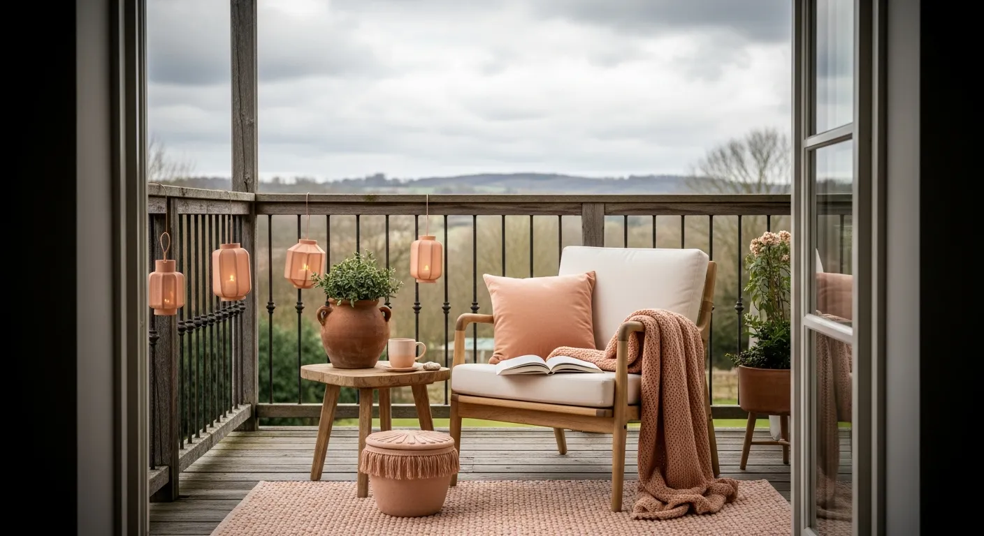 Color palette inspiration for farmhouse outdoor balcony ideas featuring wood and peach tones