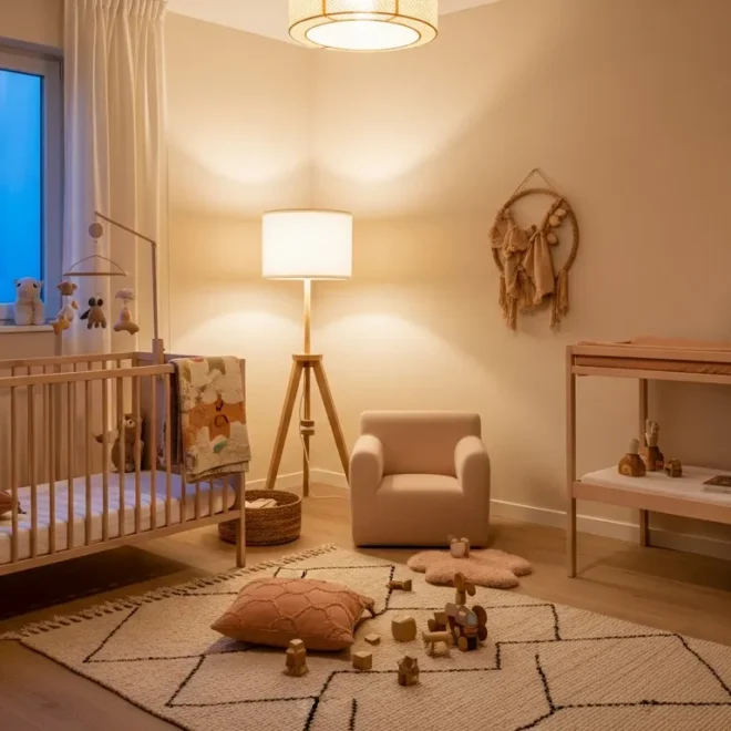 Minimalist Japandi nursery featuring creamy peach walls and light wood furniture