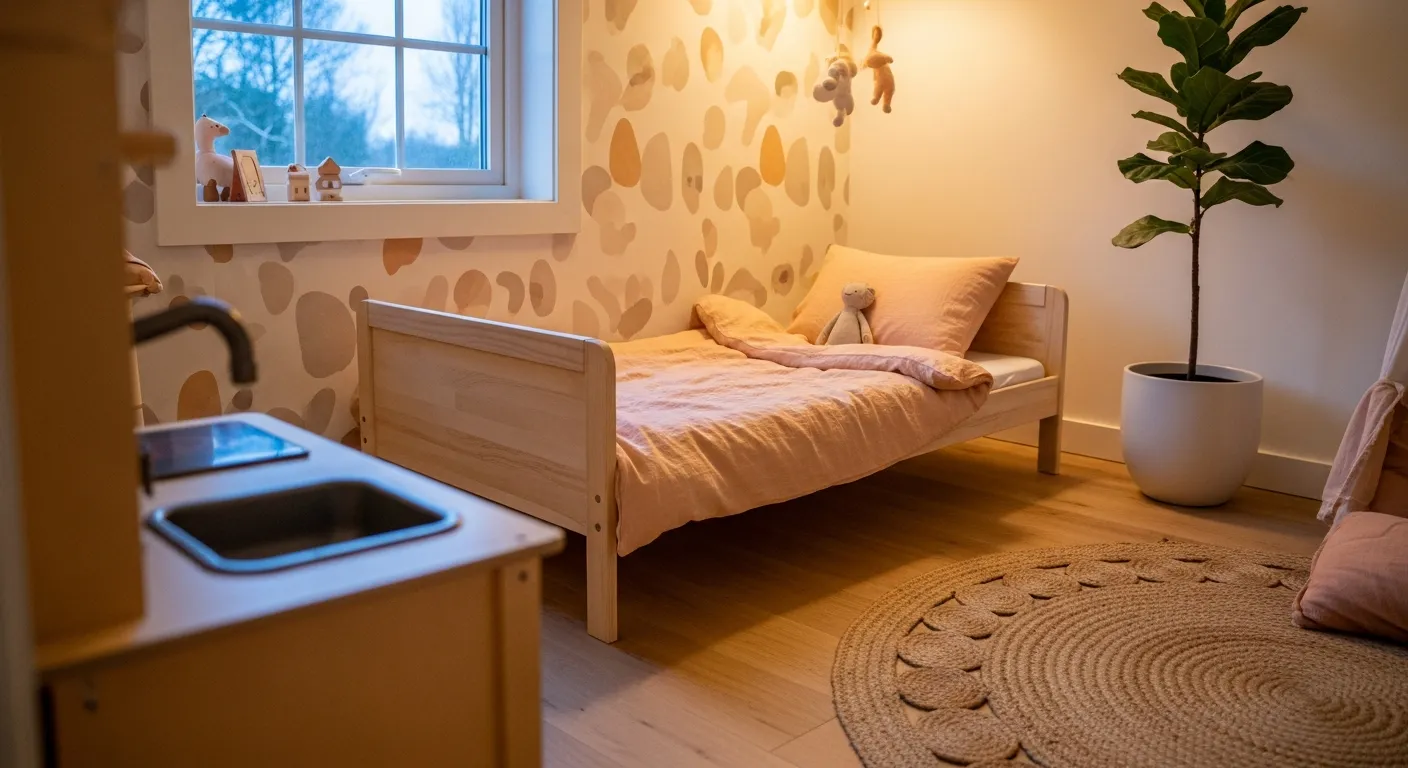 Final result of applying Japandi Nursery & Kids Room ideas with oak and peach