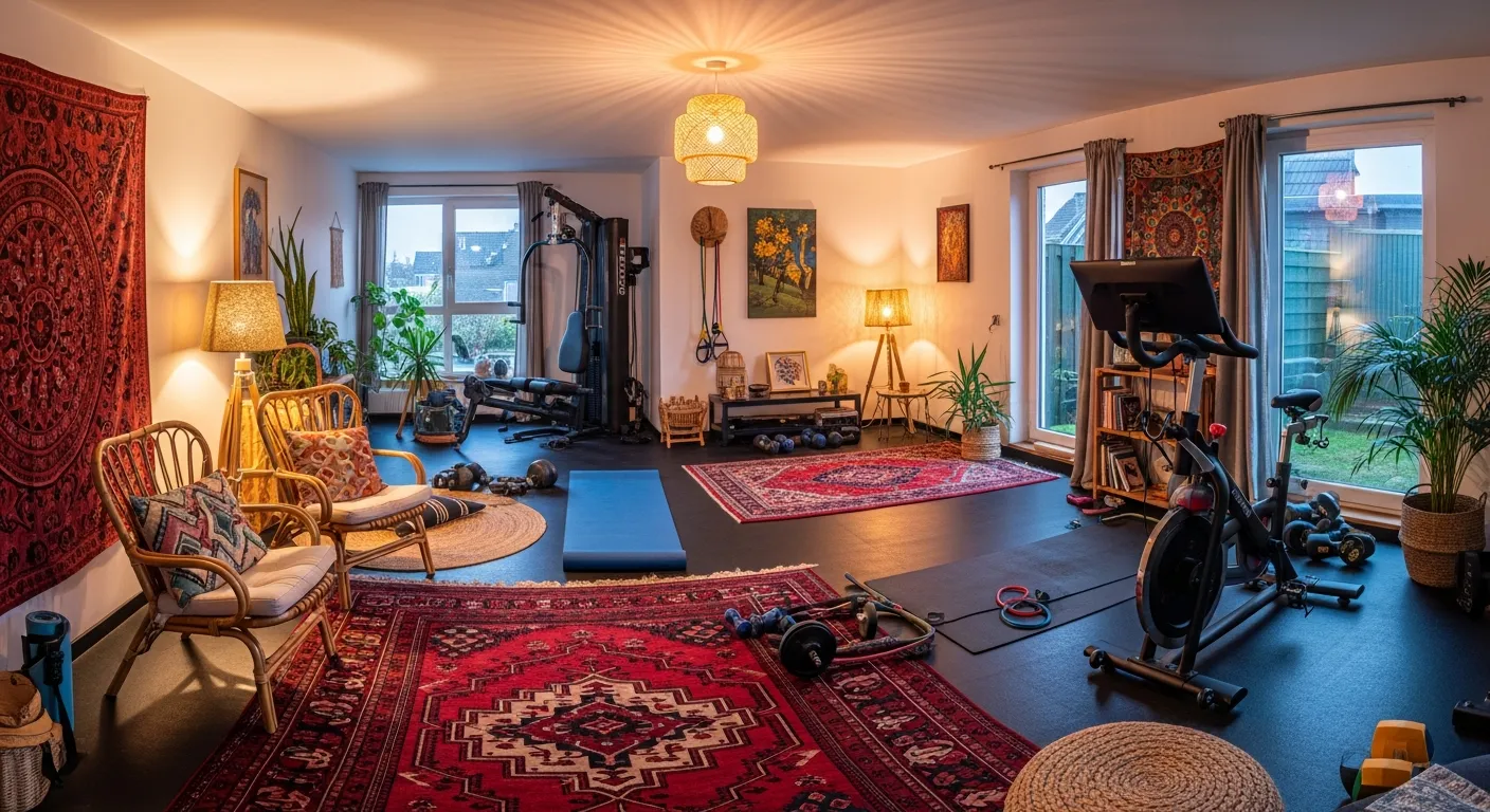 Bohemian home gym interior design with matte dark red paint and woven accents