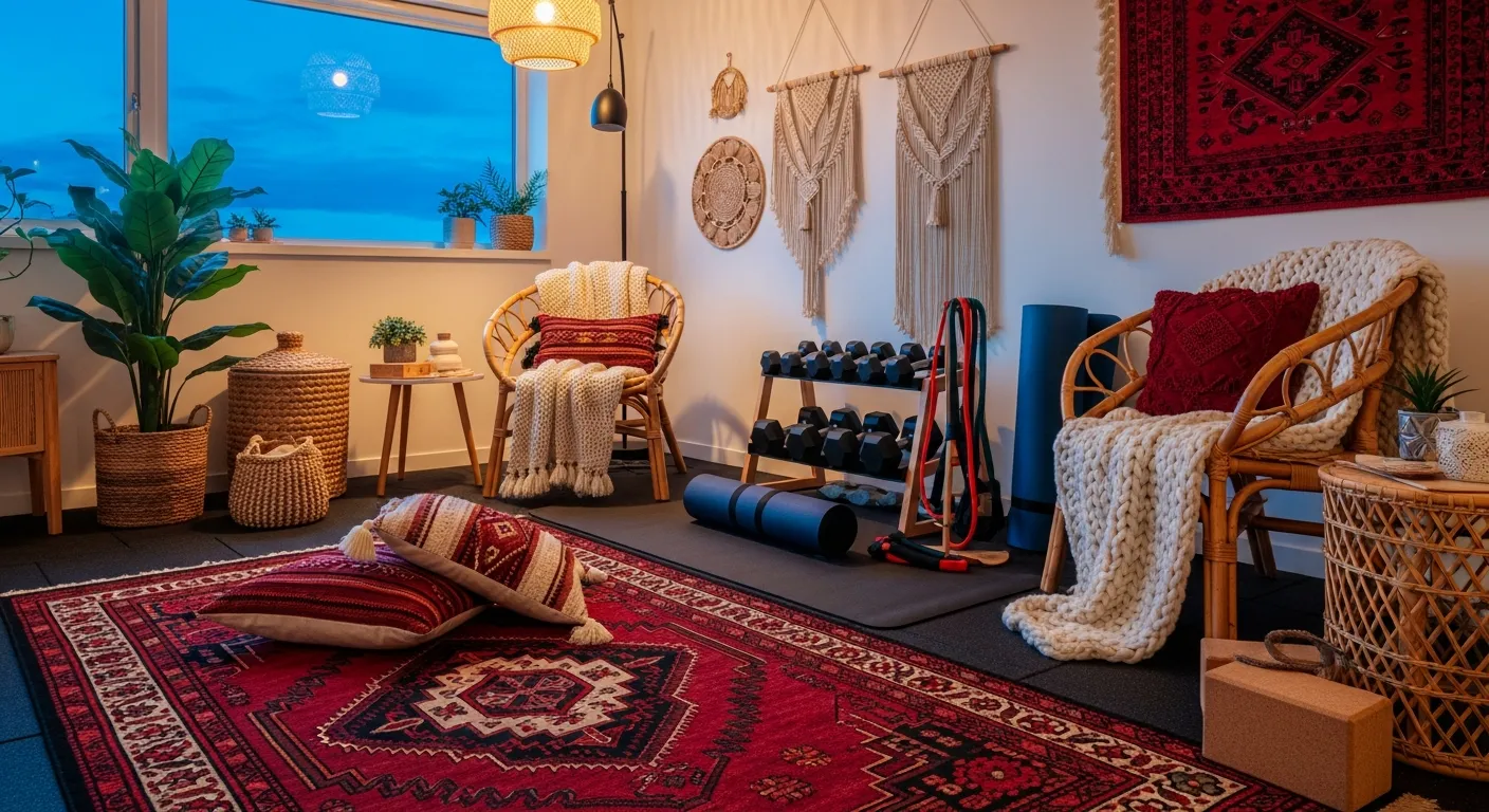 Bohemian home gym ideas showing budget friendly decor and plants