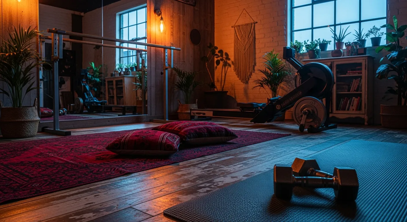 Lush plants and rattan textures in a dark red bohemian home gym
