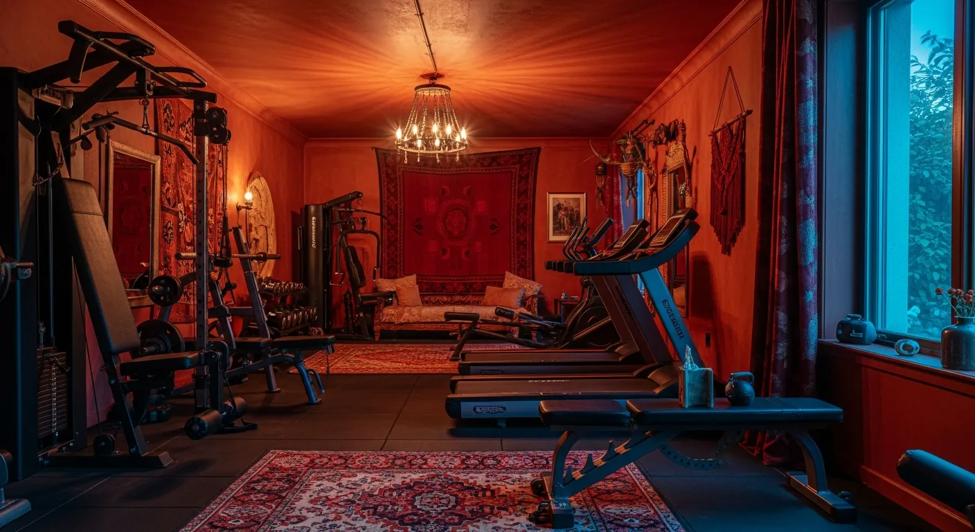 Bohemian Home Gym ideas featuring dark red walls and grounding yoga space