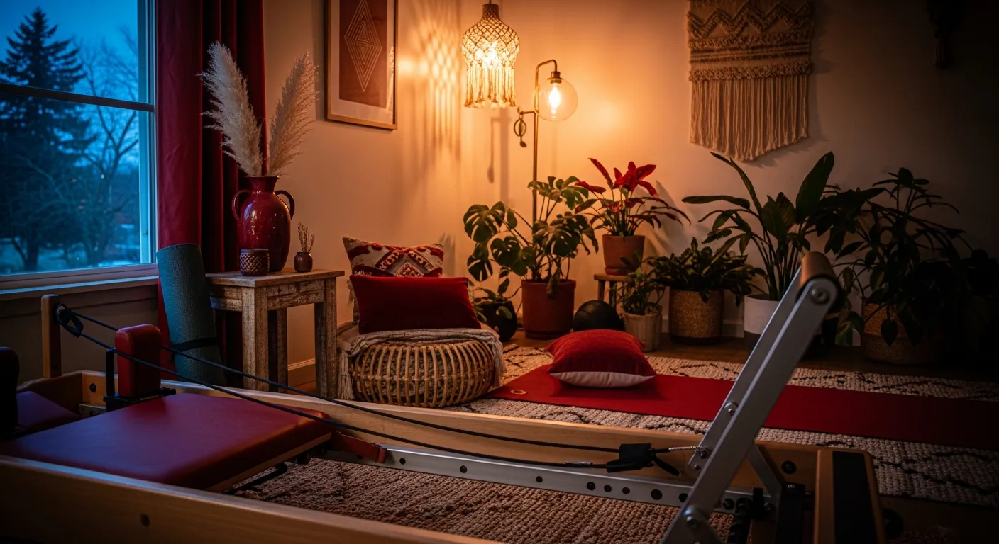 Color palette inspiration for bohemian home gym ideas with burgundy and beige