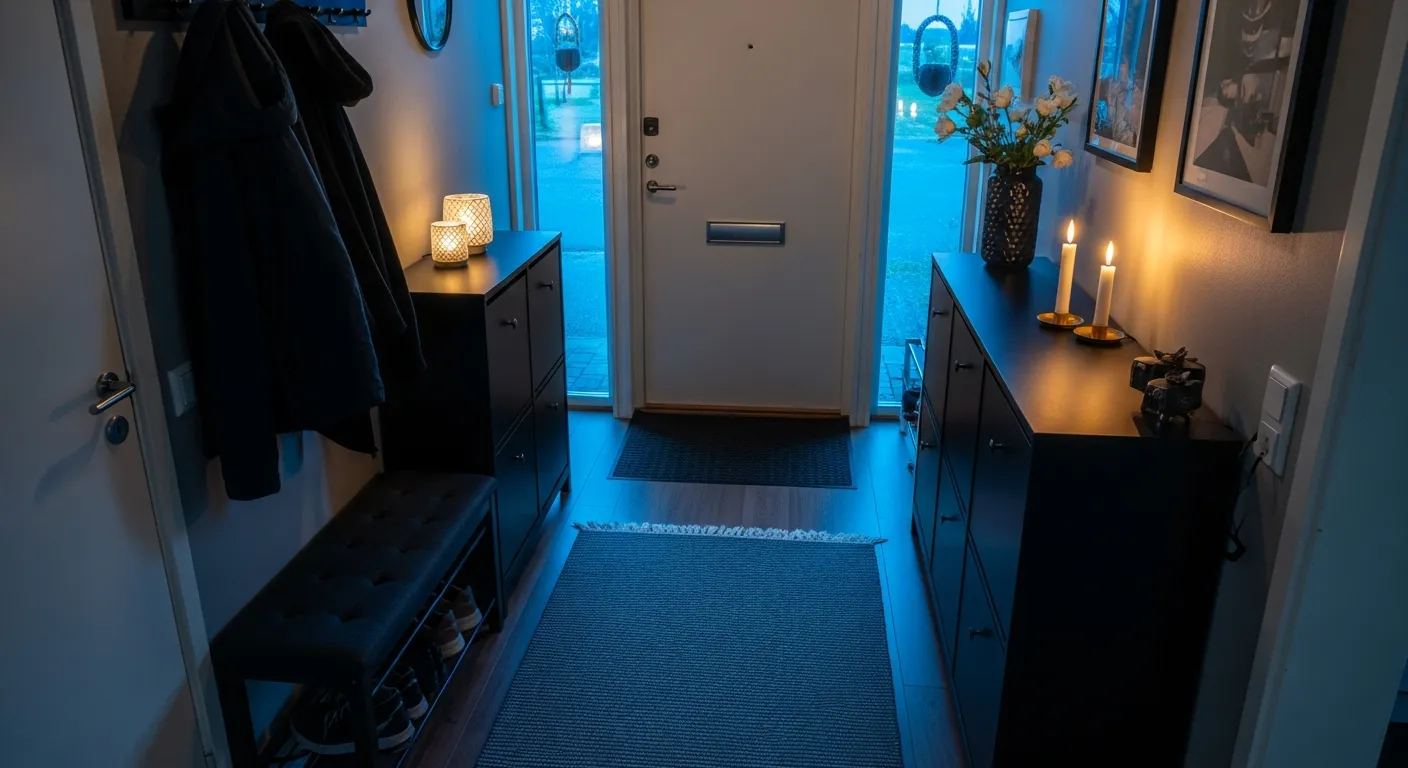 Modern Scandi Entryway ideas showing deep midnight blue walls and oak console table
