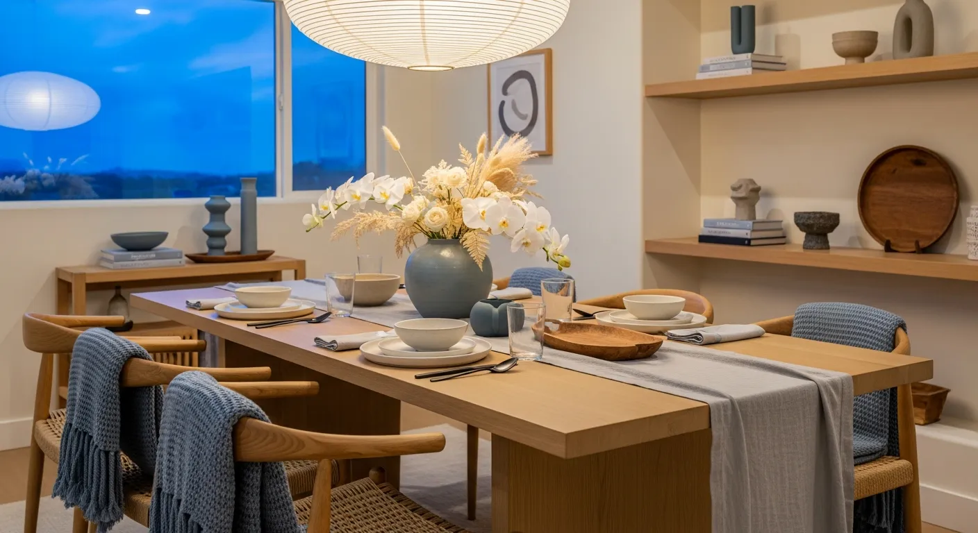 Color palette inspiration for Japandi Dining Room ideas featuring blue and warm wood