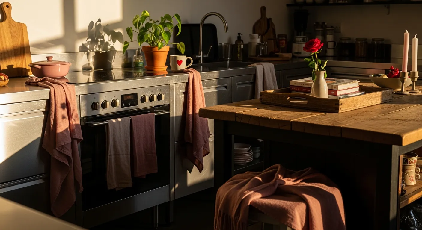 Styling industrial kitchen ideas with dusty rose accents and exposed brick walls