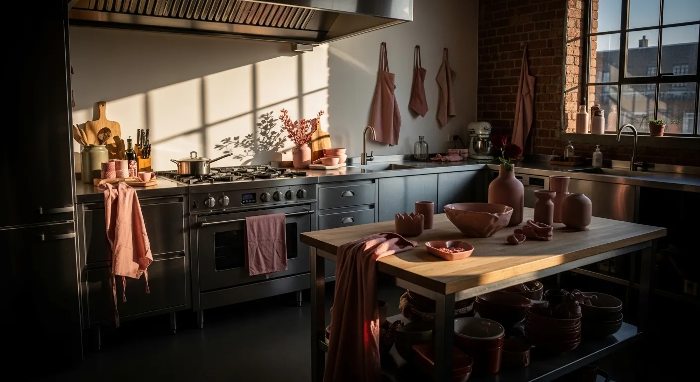 Color palette for industrial kitchen ideas showing matte dusty rose cabinets against concrete textures