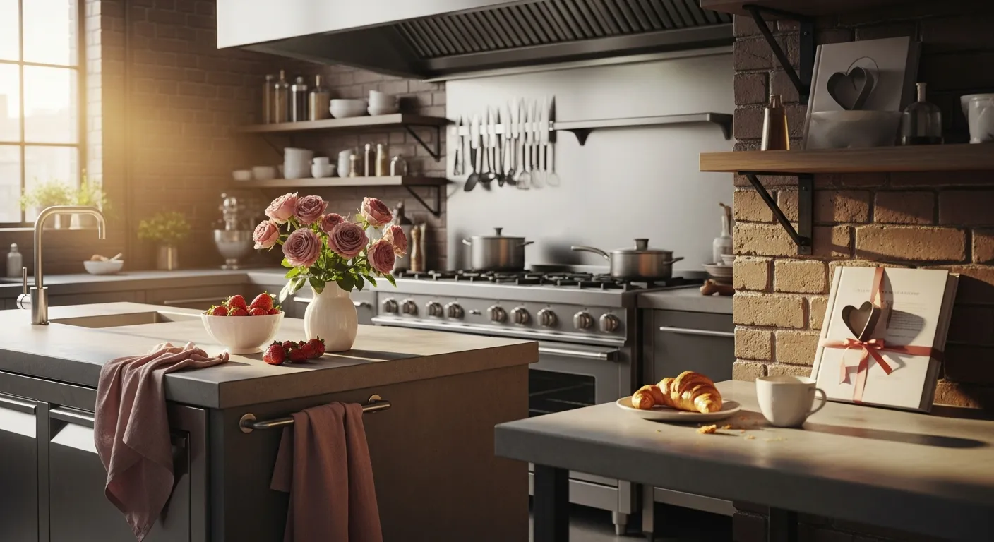 Industrial kitchen ideas showcasing concrete countertops and rose cabinets