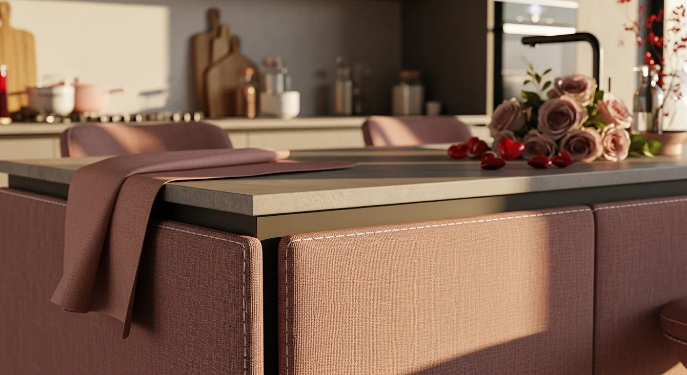 Industrial kitchen ideas highlighting dusty rose cabinets paired with black metal pendant lights