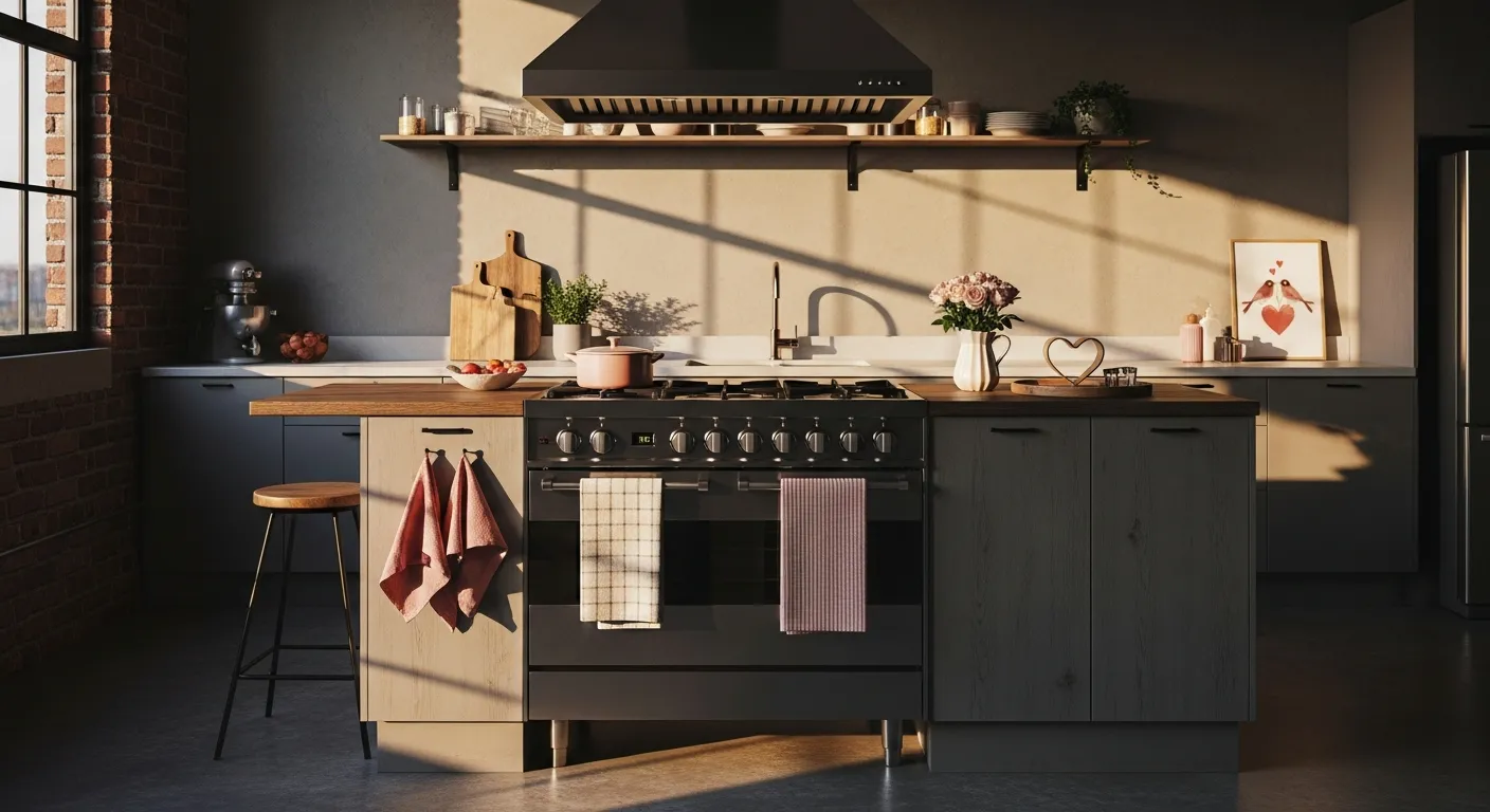 Recreating industrial kitchen ideas with dusty rose cabinets and black fixtures