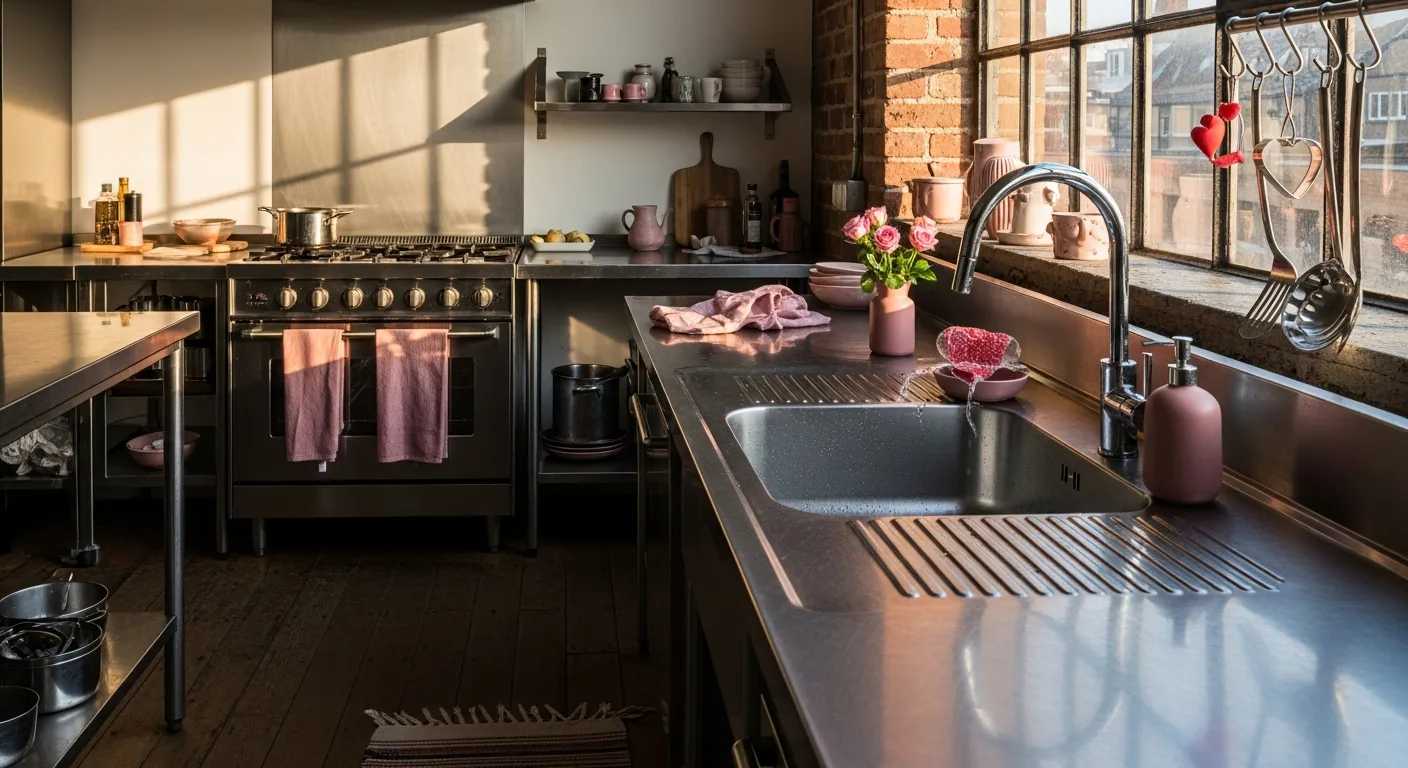 Small space industrial kitchen ideas with dusty rose cabinetry and industrial wall texture