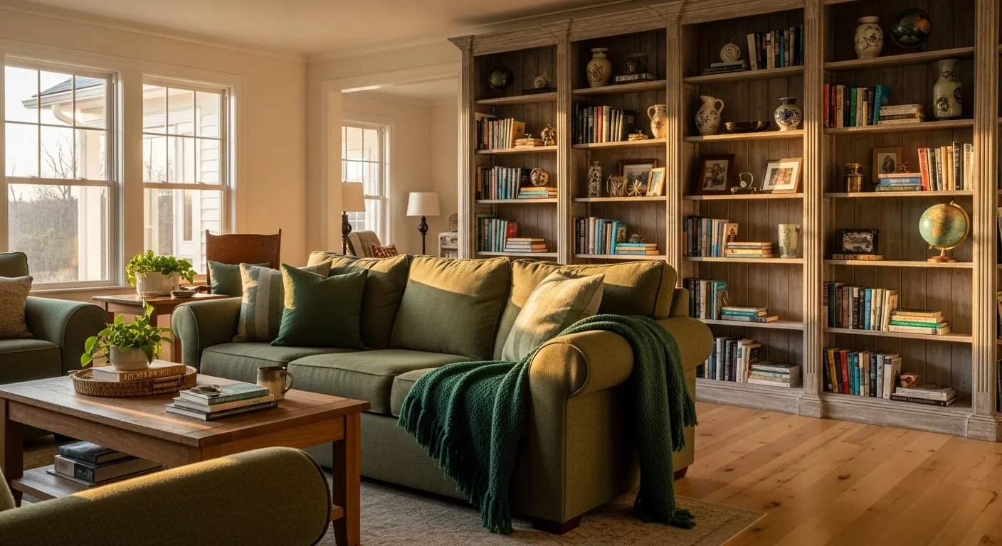 Full room view of emerald green farmhouse living room ideas with wood accents