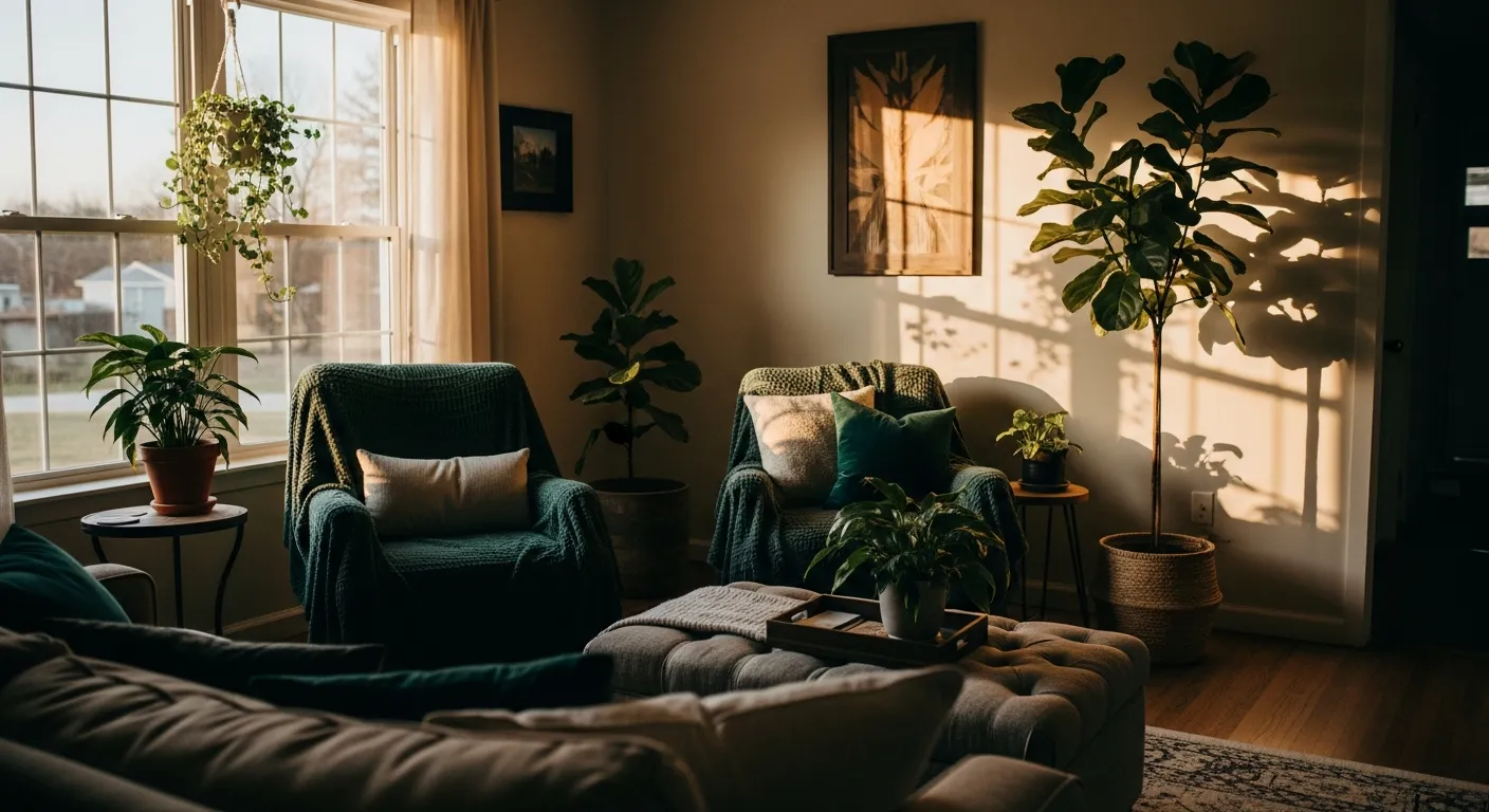 Styled coffee table and green sofa illustrating cozy farmhouse living room ideas