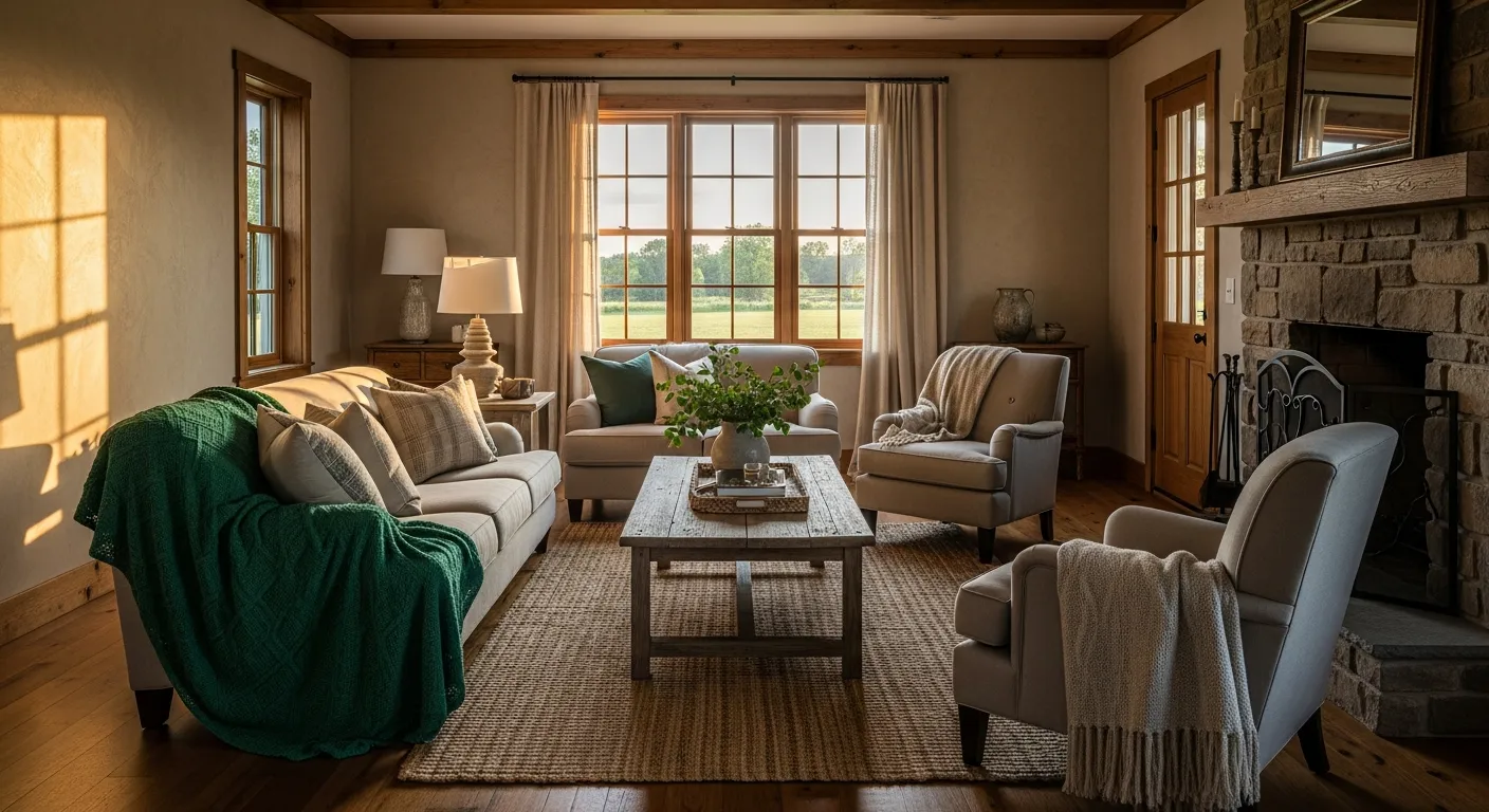 Wide shot of emerald walls in rustic setting for farmhouse living room ideas