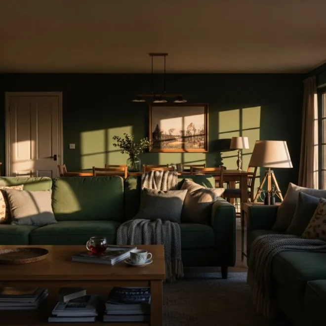 Cozy farmhouse living room featuring an emerald green velvet sofa and rustic wood accents