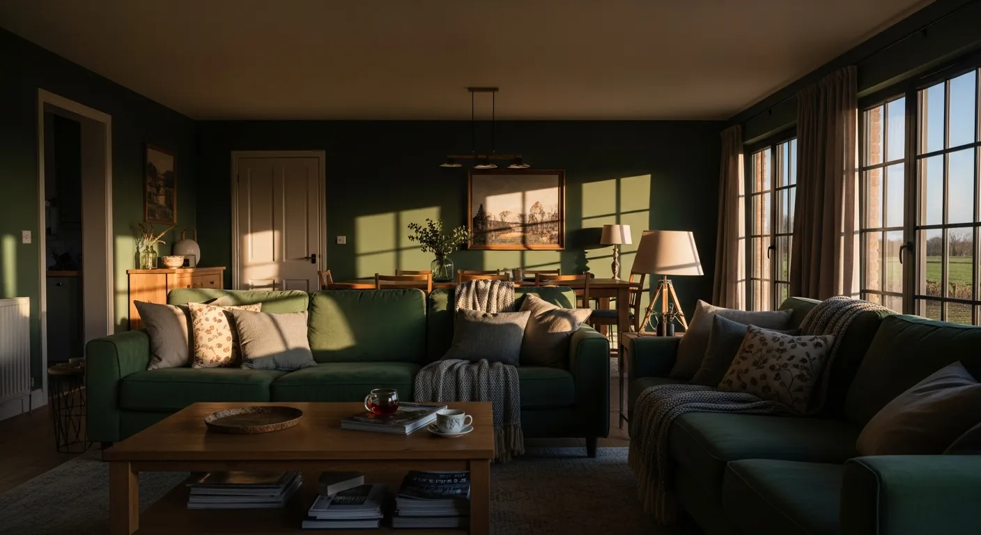 Emerald green velvet sofa anchoring rustic farmhouse living room ideas