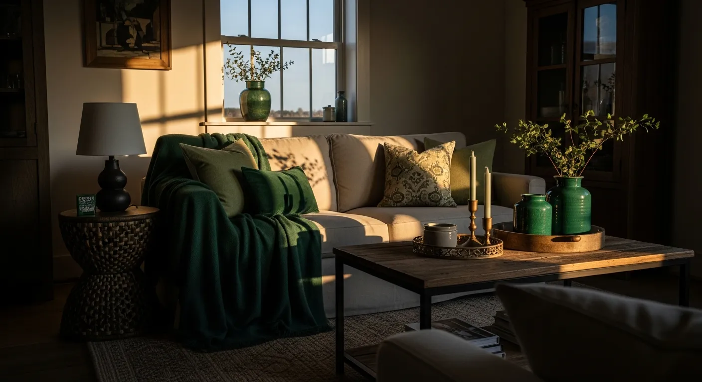 Rustic wood and emerald green palette showcasing bold farmhouse living room ideas