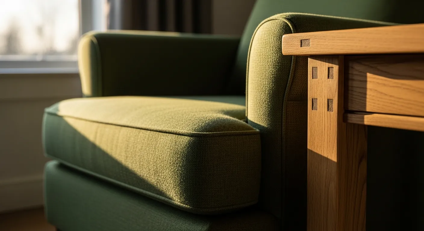 Detail of emerald green sofa upholstery amidst modern farmhouse living room ideas