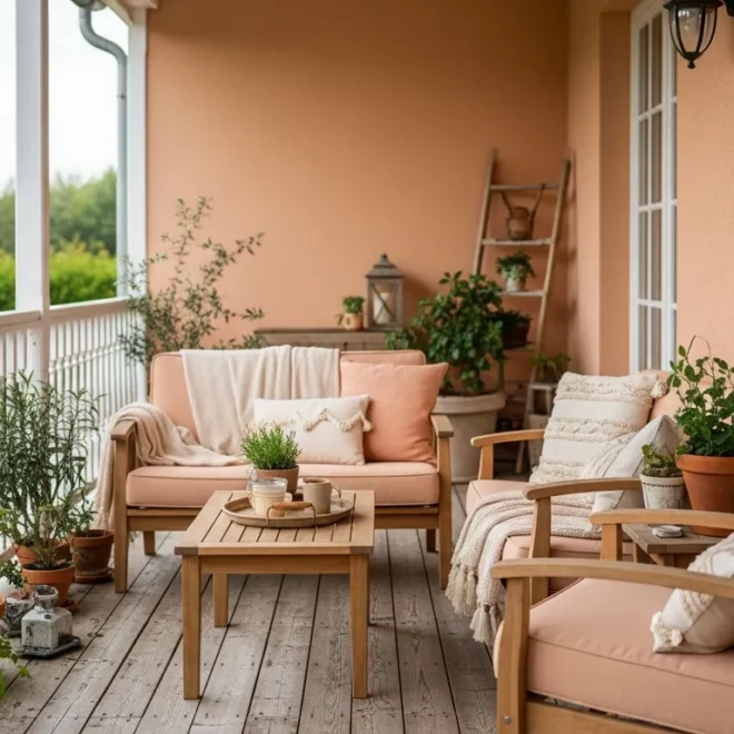 Cozy farmhouse balcony featuring rustic wood furniture and creamy peach textiles