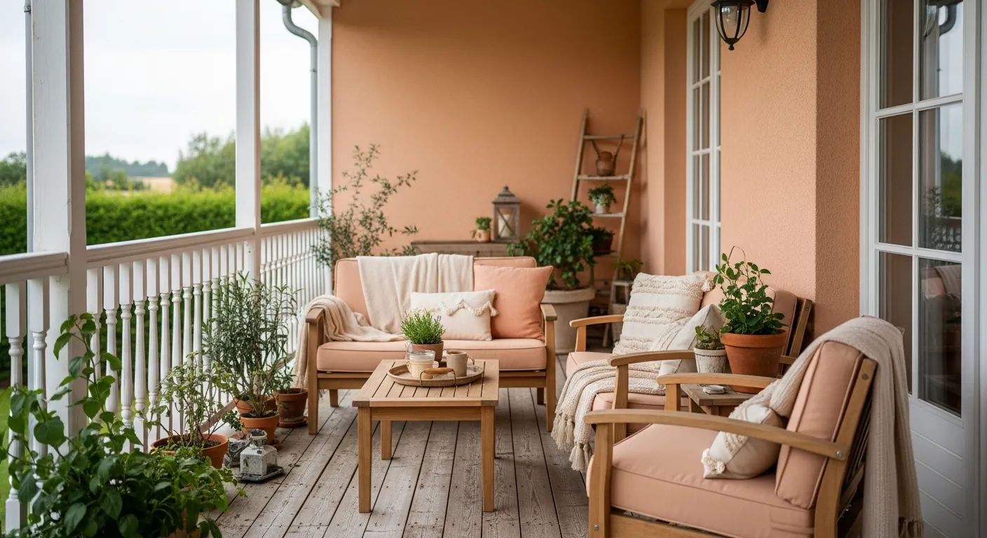 Relaxing farmhouse outdoor balcony ideas featuring rustic wood furniture and creamy peach textiles