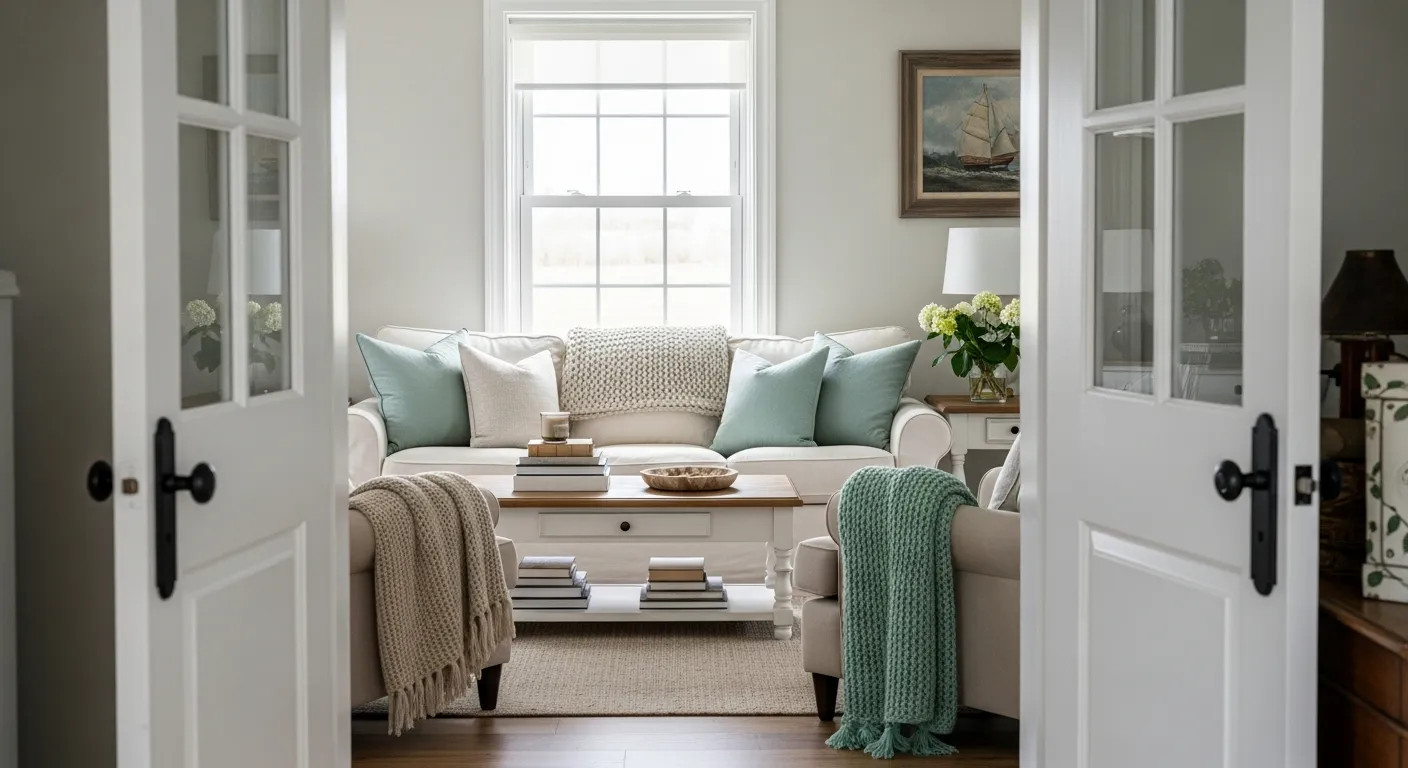 Detail shot of mint decor refreshing a rustic farmhouse living area