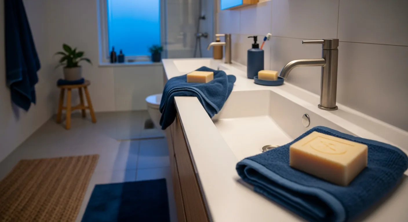 Finished look of Scandi Bathroom ideas with indigo and wood