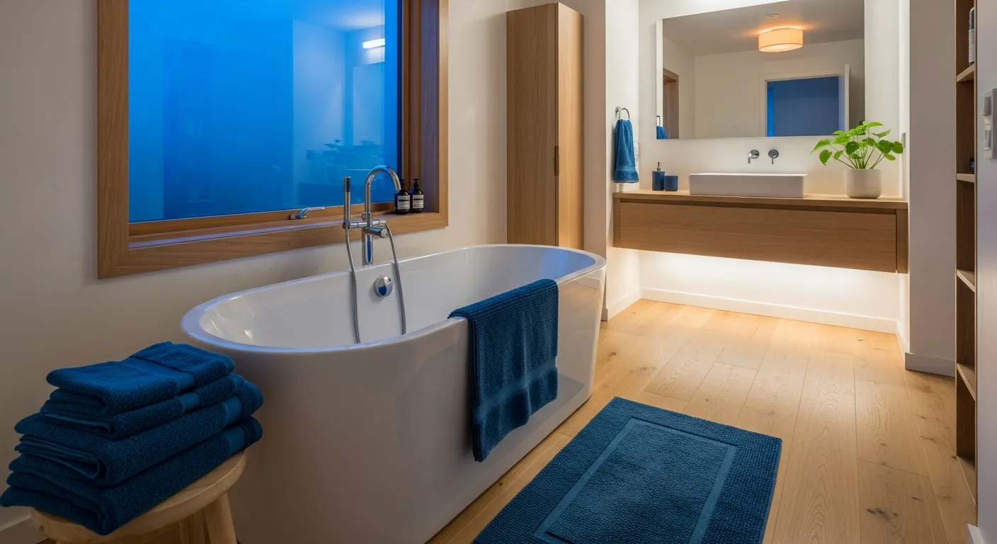 Scandi Bathroom ideas featuring round mirror and indigo vanity