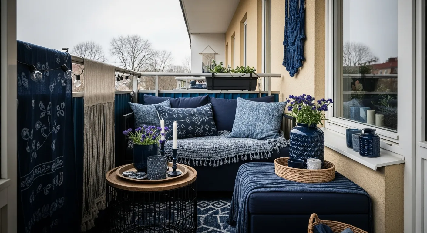 Indigo and rattan color palette for bohemian outdoor balcony ideas