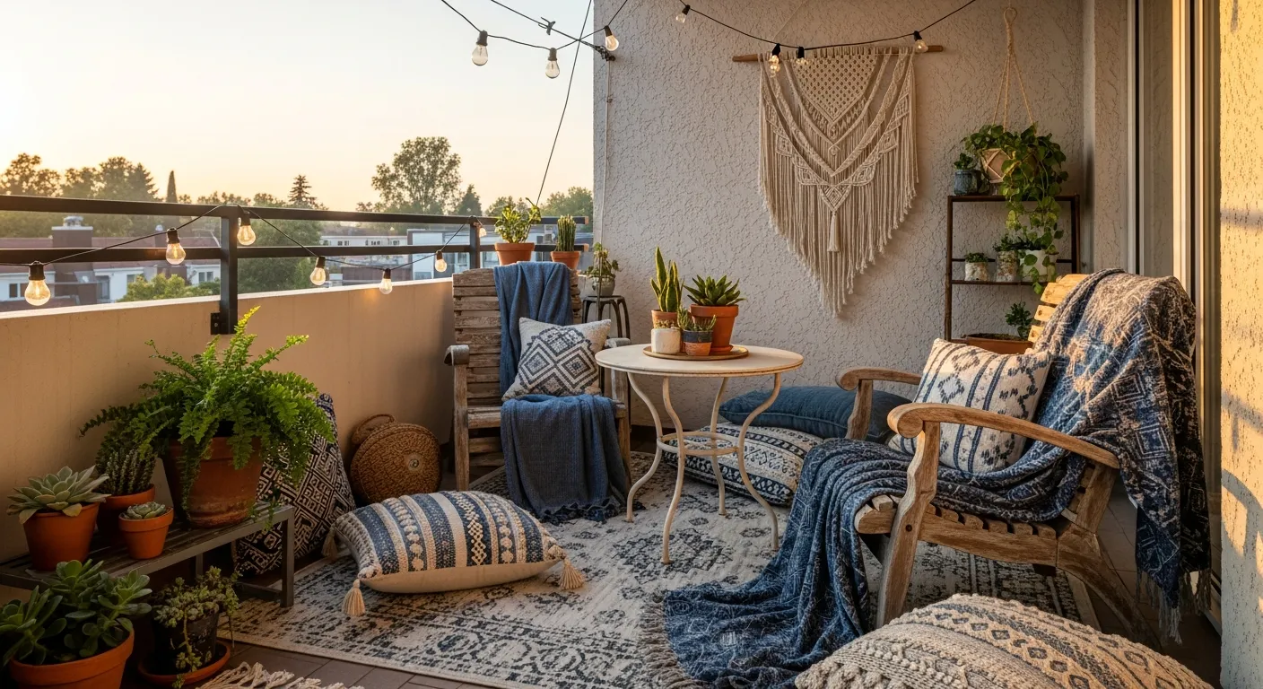 Detailed texture shot of bohemian outdoor balcony ideas with rattan and indigo pillows