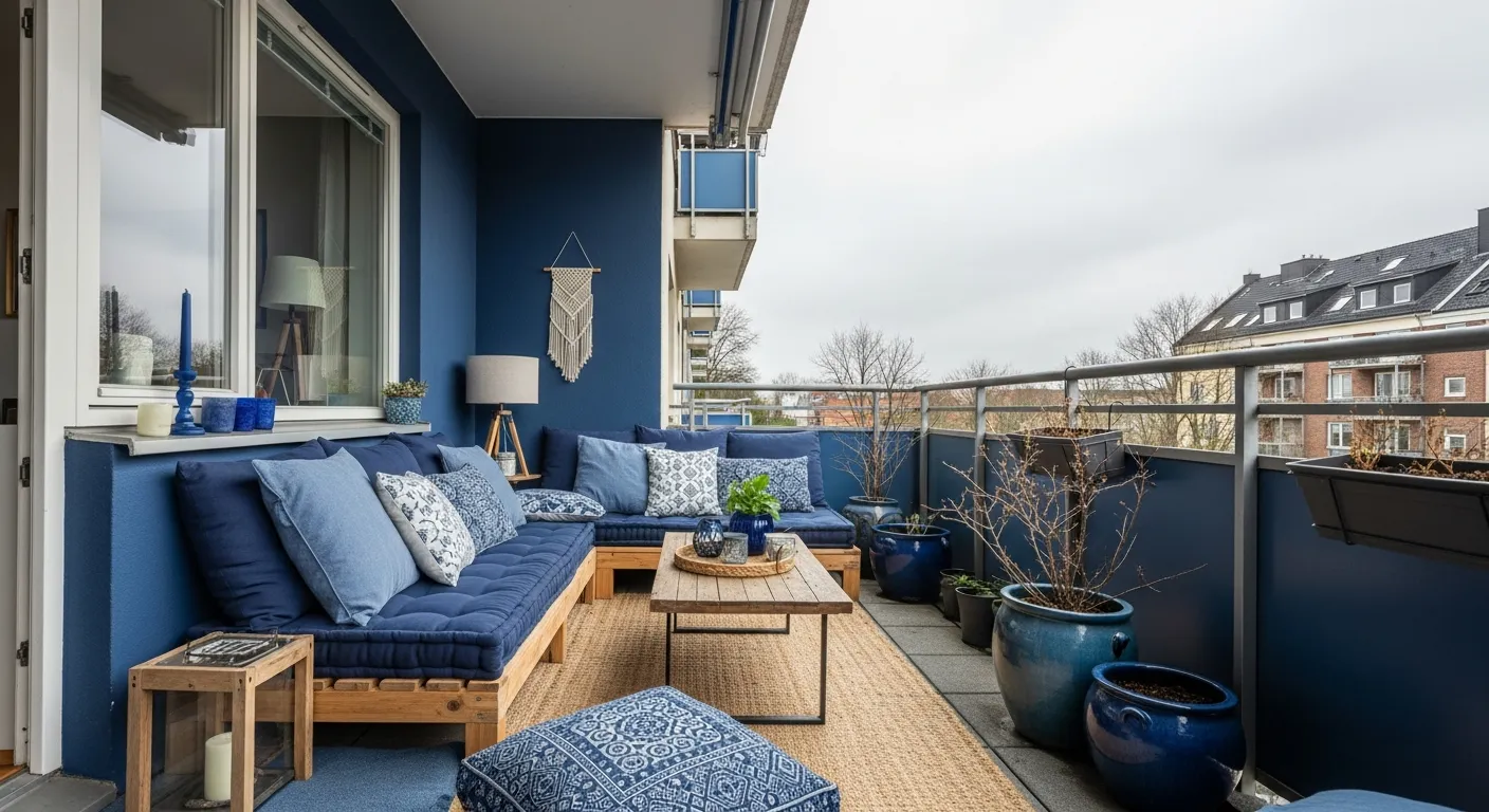 Psychology of color in bohemian outdoor balcony ideas focusing on indigo textiles