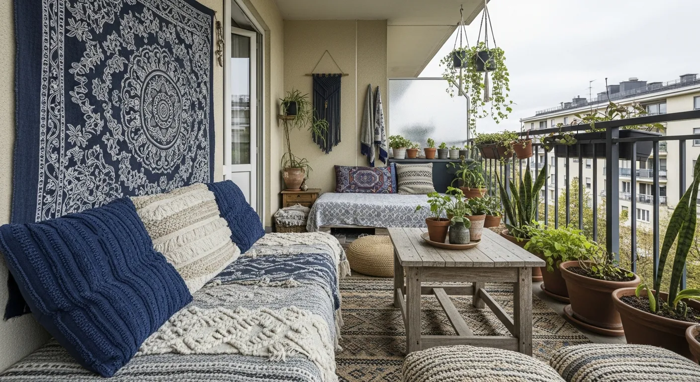 Small space styling for bohemian outdoor balcony ideas with floor cushions