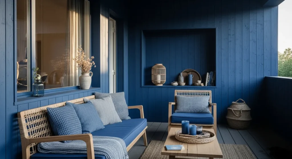 Rustic farmhouse balcony featuring indigo cushions on wooden furniture and potted plants