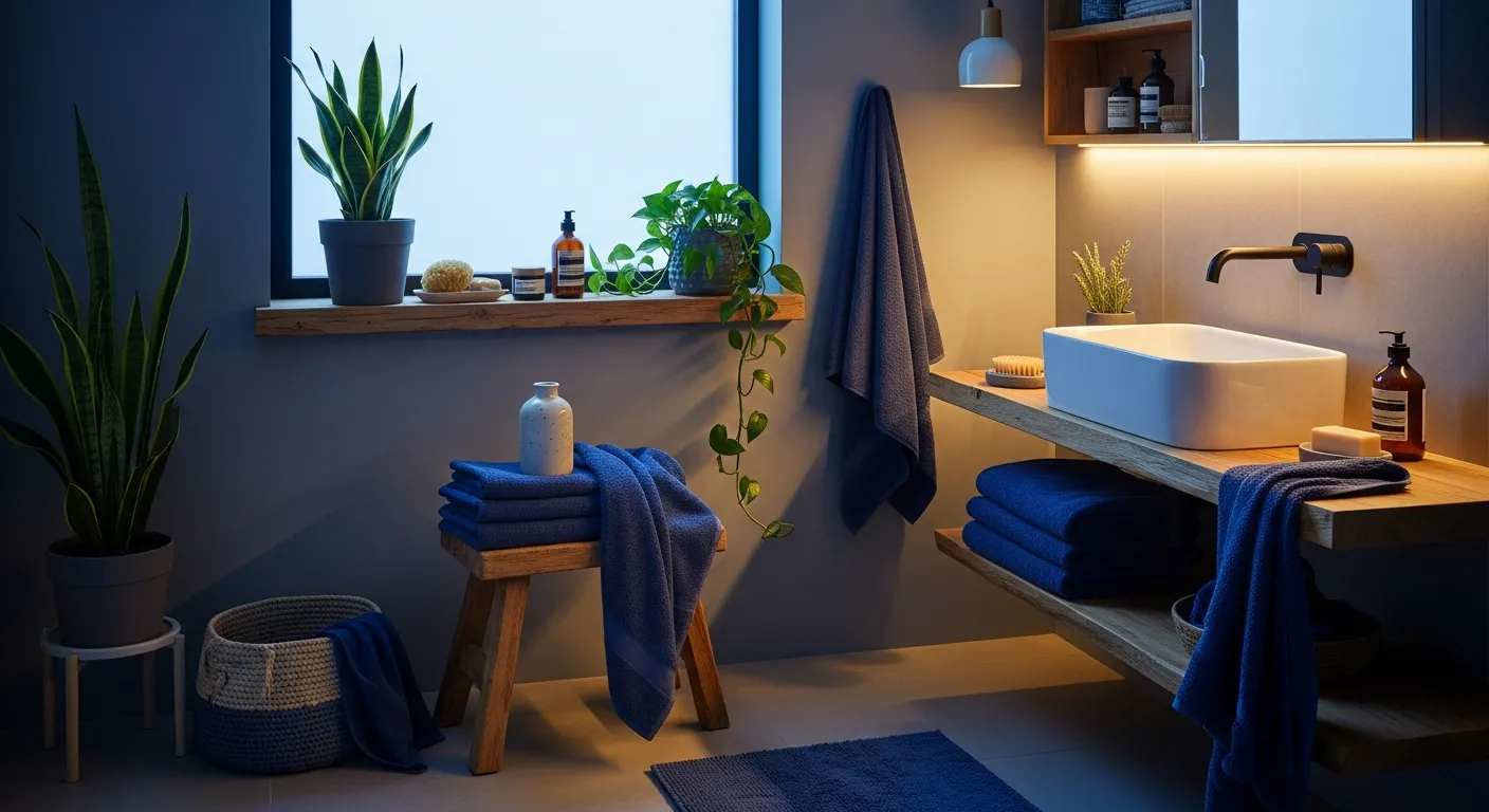 Styling decor for Scandi Bathroom ideas with indigo and wood