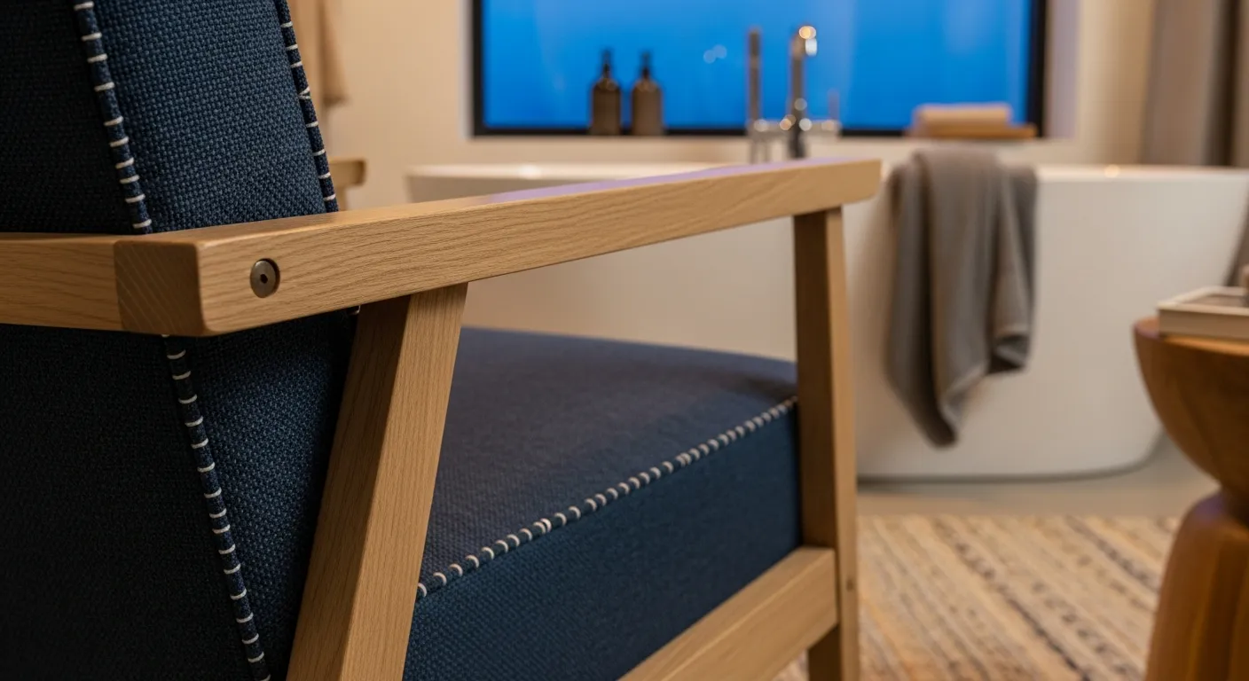 Minimalist Scandi Bathroom ideas with indigo tiles and wood accents